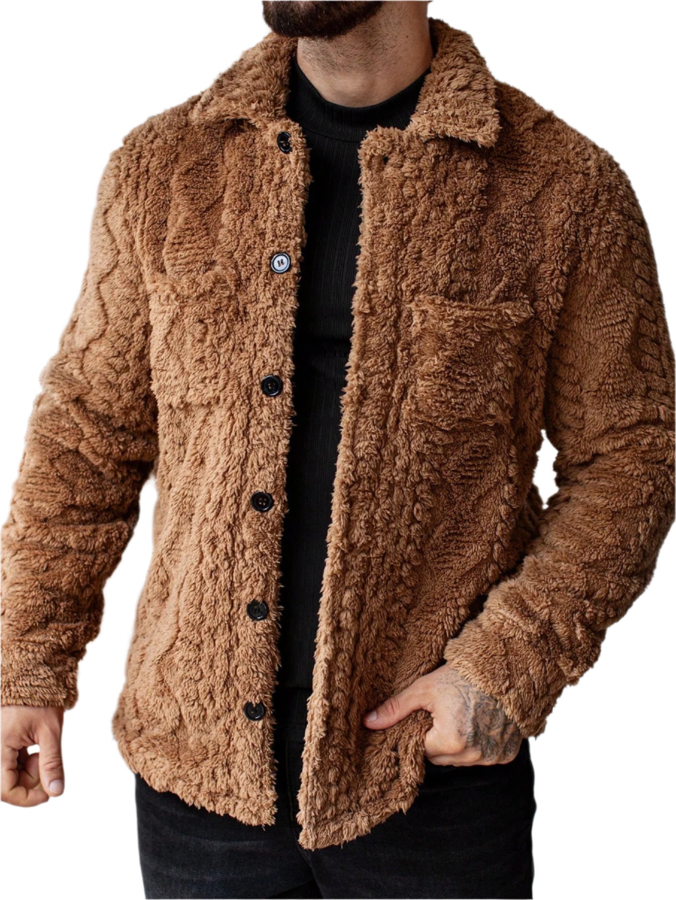 Manfinity Homme Men'S Casual Solid Color Fuzzy Jacket for Autumn/Winter ,Men Flannel,Winter Men Jacket, Going Out Warm Long Sleeve Jacket, for Friends, Husband, Boyfriend Gifts