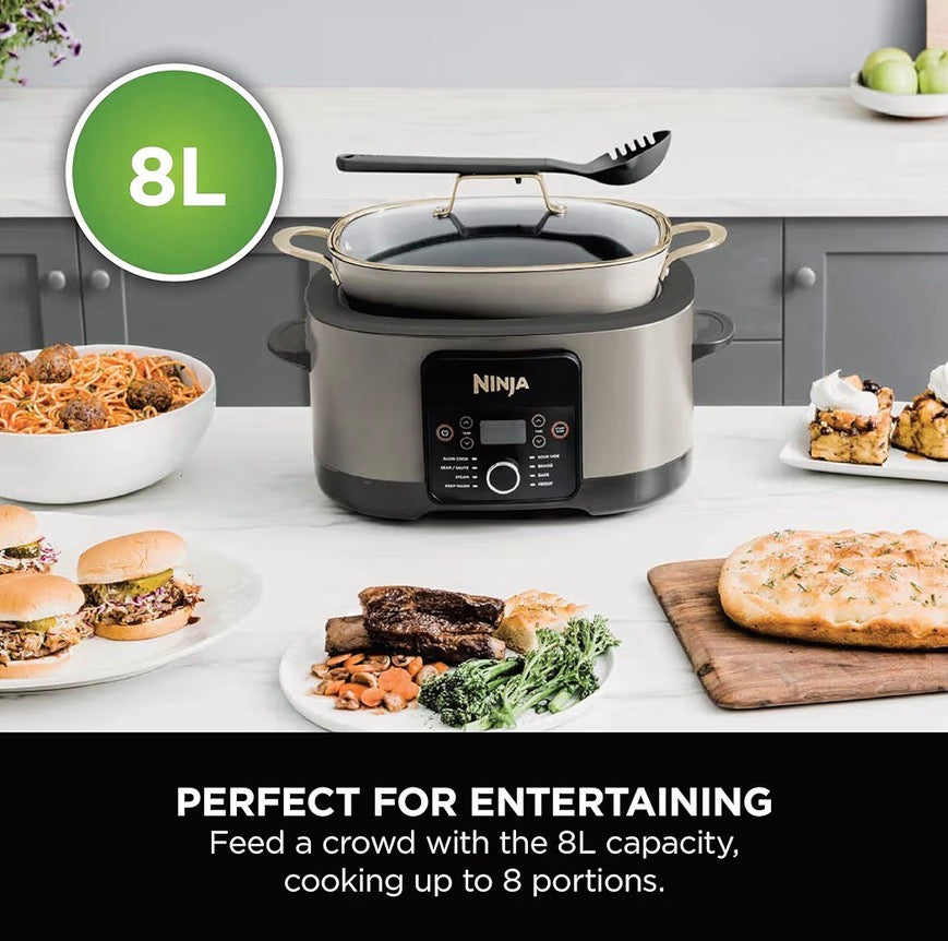 Foodi PossibleCooker, 8-in-1 Slow Cooker with Removable Non-Stick Pot, Steaming Rack, Integrated Spoon & Glass Lid, Slow Cook, Sear, Braise, Steam & more, 8L, Stone Gold, MC1001UKSTGD