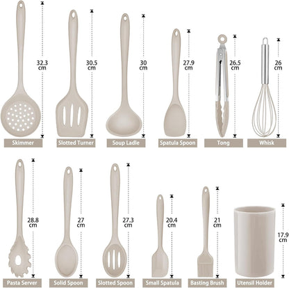 Kitchen Utensil Set,  12 Piece Cooking Utensils Set with Holder, Heat Resistant Kitchen Tools Include Spoons Turner Spatula for Non-Stick Cookware, Khaki