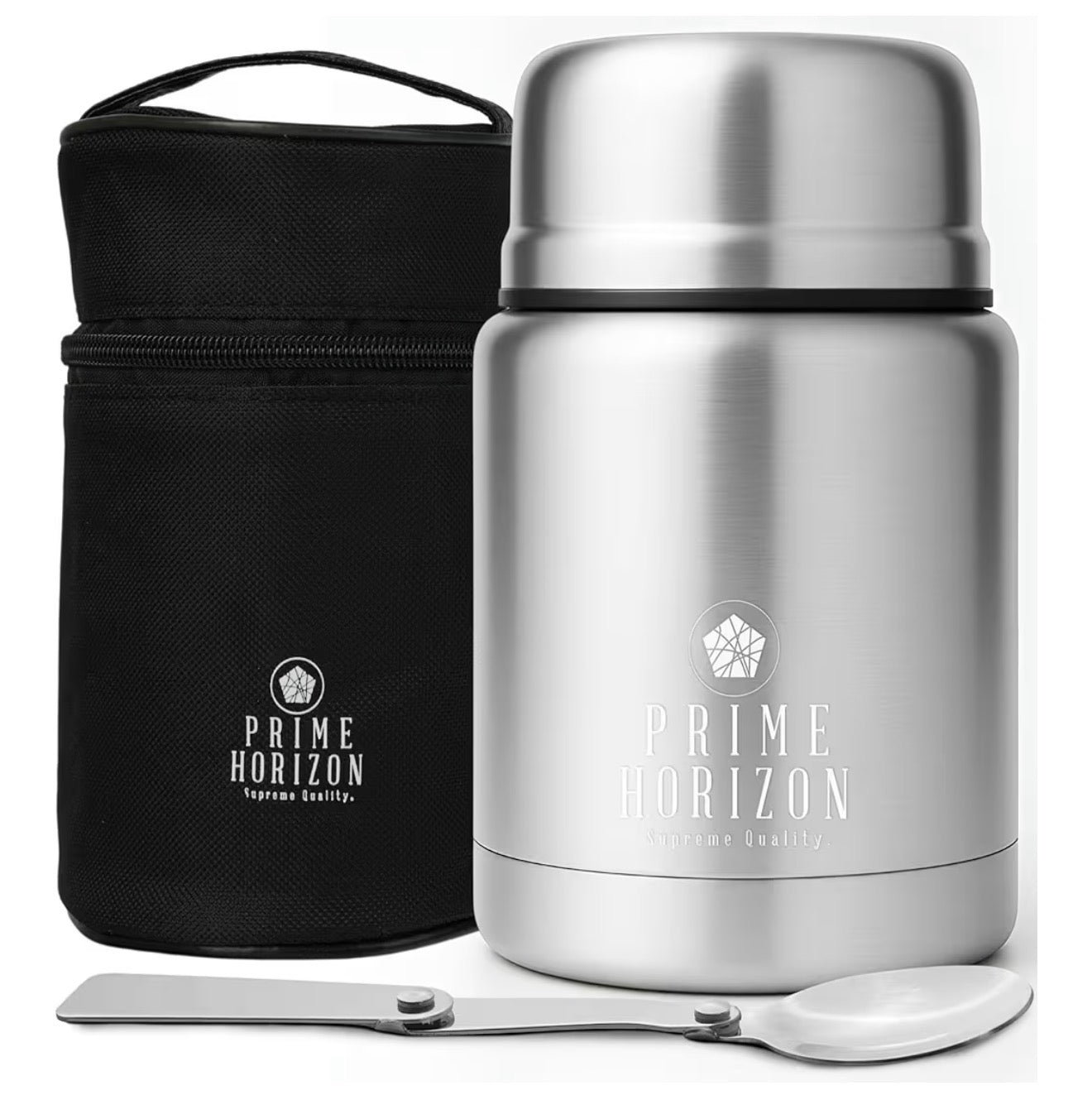 Prime Horizon Food Flask - 500ml Stainless Steel Vacuum Double Wall Jar with Folding Spoon, Leakproof and BPA Free. Free Insulated Travel Bag with Carabiner and Gift Box