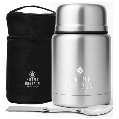 Prime Horizon Food Flask - 500ml Stainless Steel Vacuum Double Wall Jar with Folding Spoon, Leakproof and BPA Free. Free Insulated Travel Bag with Carabiner and Gift Box