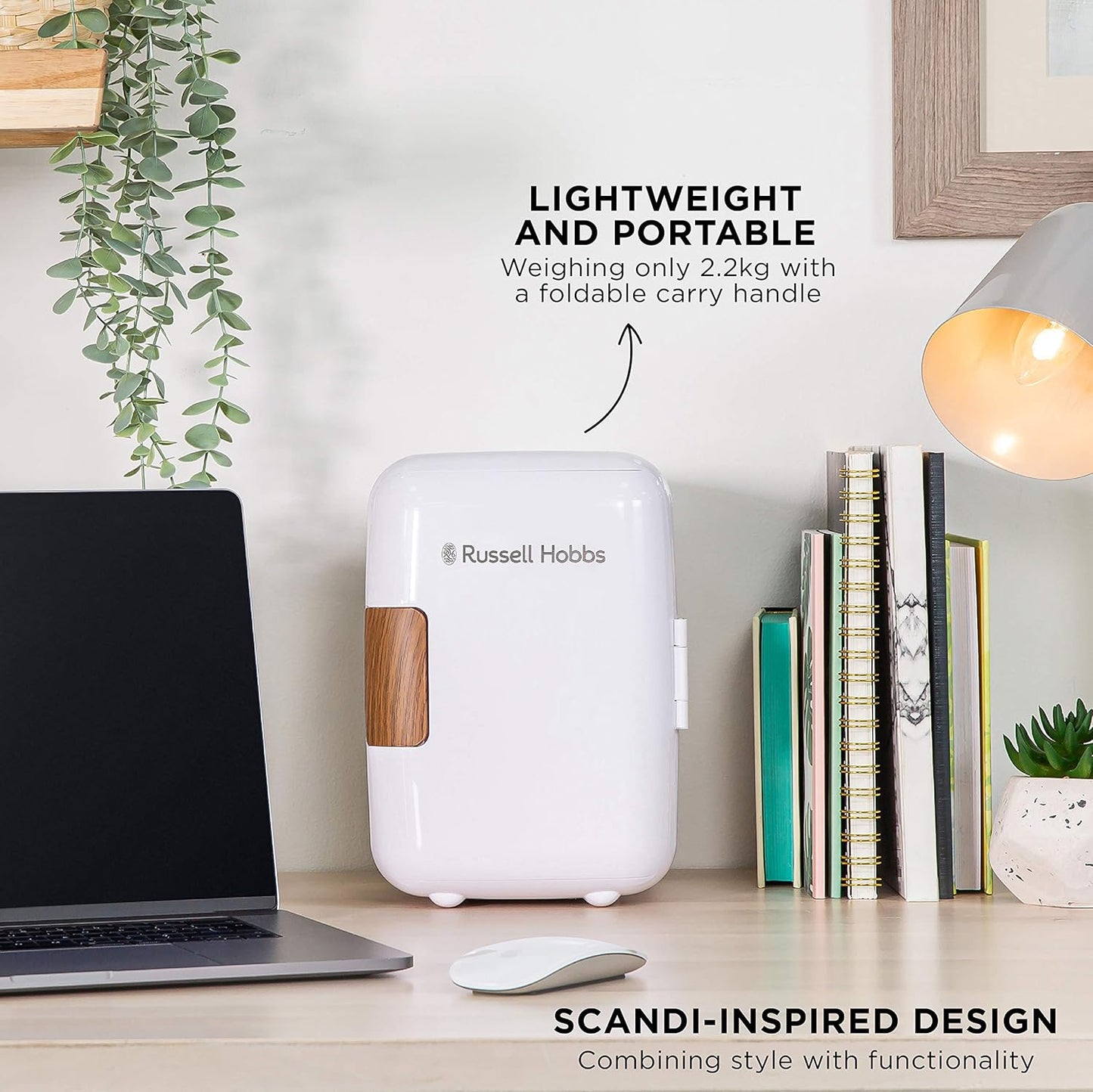 RH4CLR1001SCW 4L/6 Can Mini Portable Cooler & Warmer for Drinks, Cosmetics/Makeup/Skincare, AC/DC Power, Scandi Style, White & Wood Effect, for Bedroom, Home, Caravan, Car