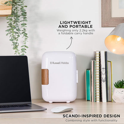 RH4CLR1001SCW 4L/6 Can Mini Portable Cooler & Warmer for Drinks, Cosmetics/Makeup/Skincare, AC/DC Power, Scandi Style, White & Wood Effect, for Bedroom, Home, Caravan, Car