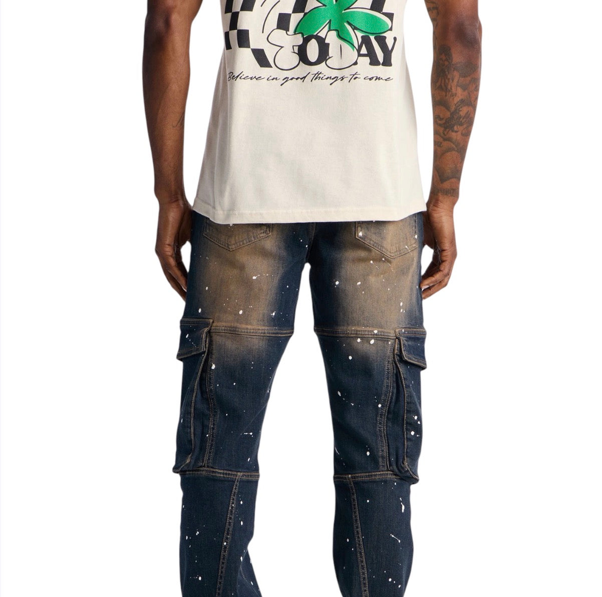 Stacked Skinny Flare Hazmat Cargo Jeans Dark Wash