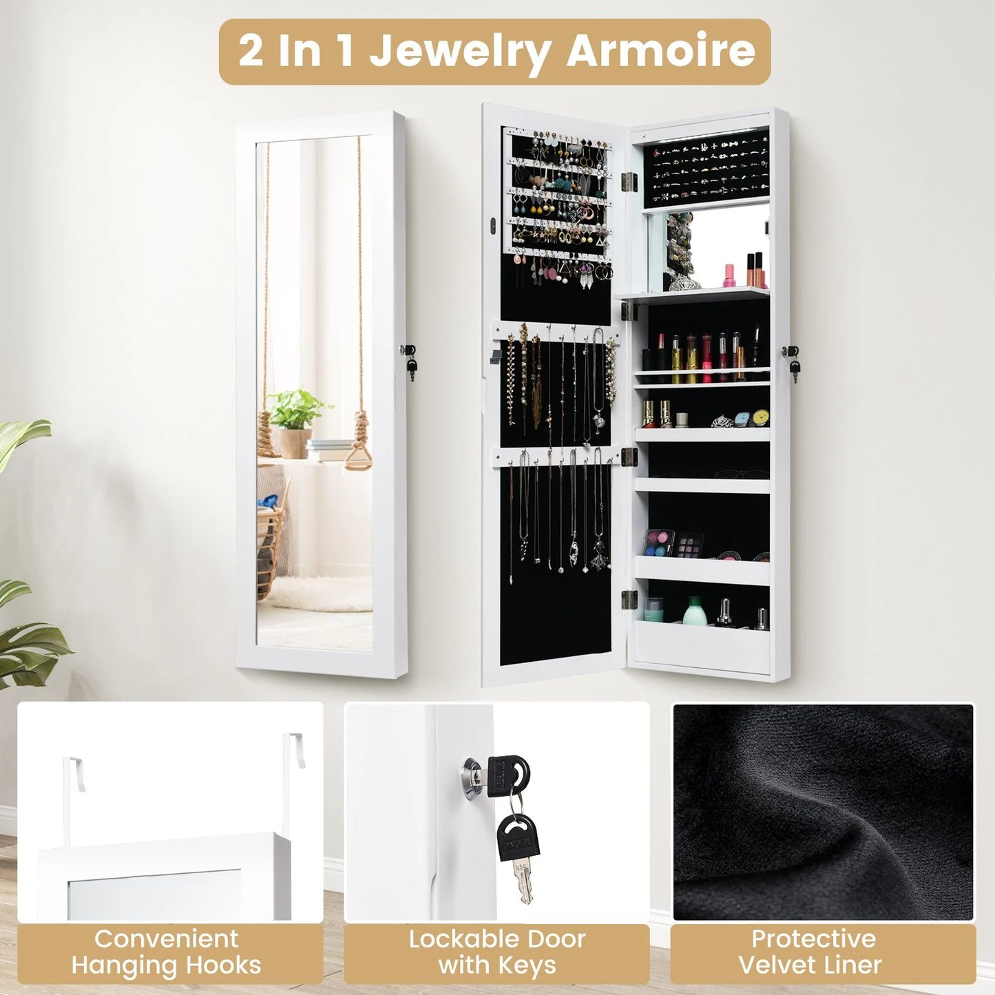 Elegant 120 cm Lockable Jewelry Cabinet Mirror with 15 LED Lights for Secure and Stylish Organization