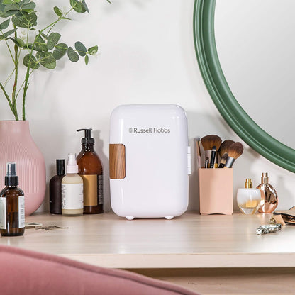 RH4CLR1001SCW 4L/6 Can Mini Portable Cooler & Warmer for Drinks, Cosmetics/Makeup/Skincare, AC/DC Power, Scandi Style, White & Wood Effect, for Bedroom, Home, Caravan, Car