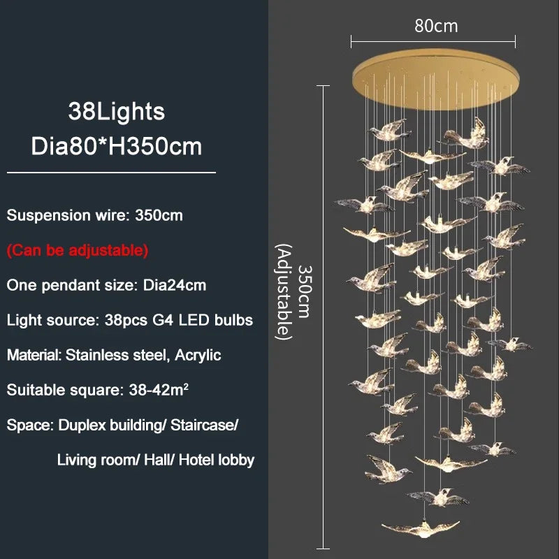 Luxury Led Chandelier for Staircase Modern Home Decor Hanging Lamp Creative Bird Design Lighting Acrylic Living Room Lustre