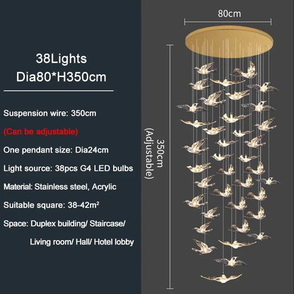 Luxury Led Chandelier for Staircase Modern Home Decor Hanging Lamp Creative Bird Design Lighting Acrylic Living Room Lustre