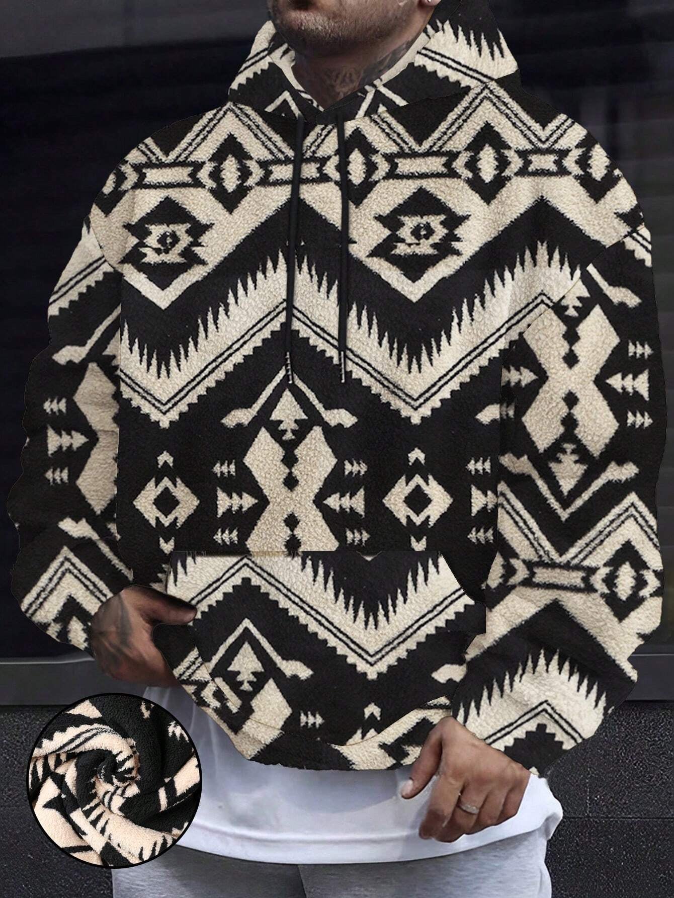 Men'S Totem Print Hooded Sherpa Fleece Sweatshirt