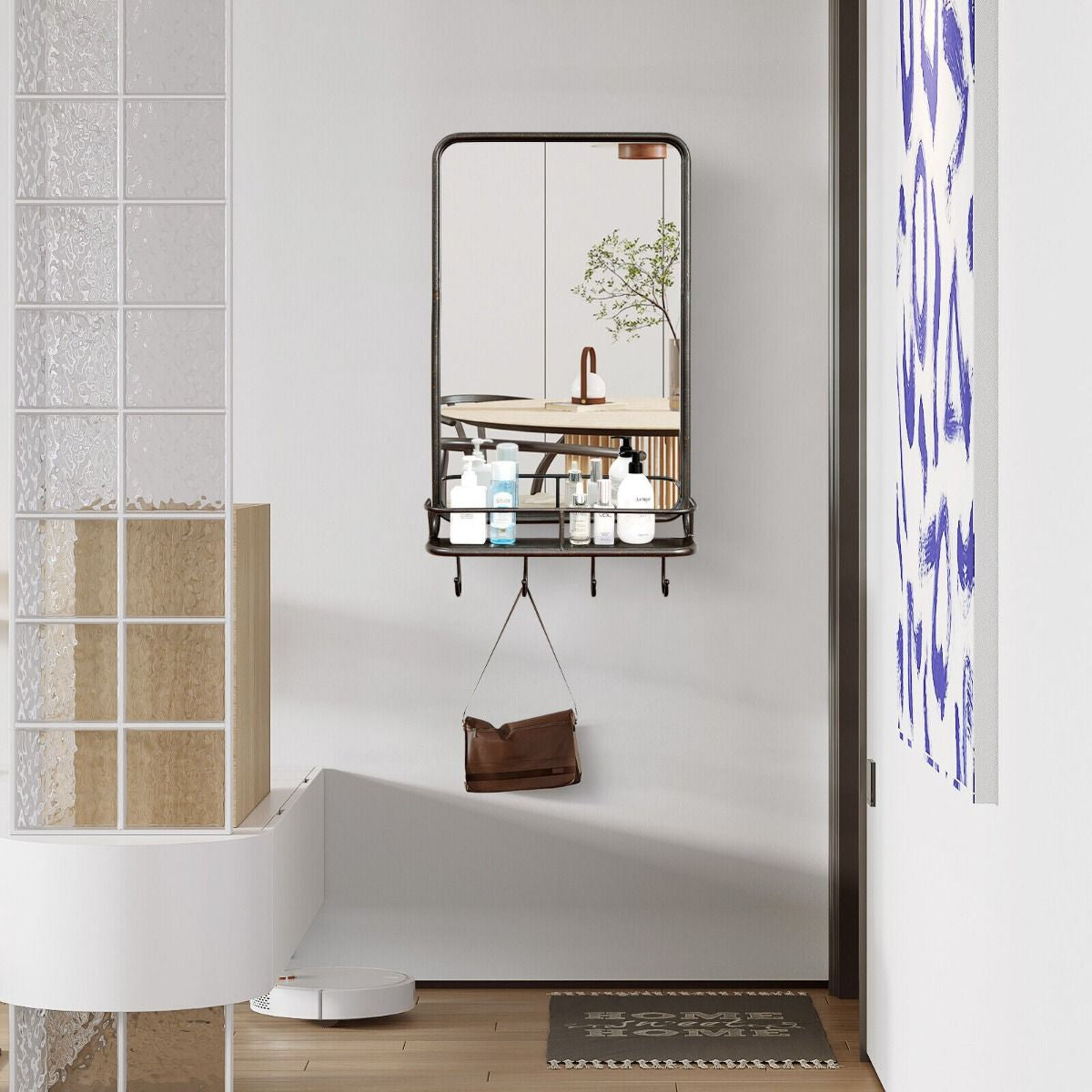 Rectangular Wall-Mounted Bathroom Mirror with Integrated Storage Shelf and Hooks System