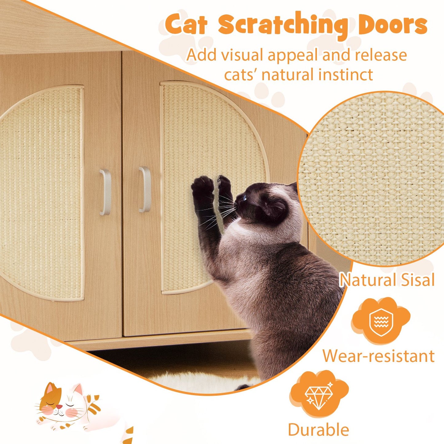 Cat Litter Box Enclosure with Sisal Scratching Doors and Integrated Storage Drawer