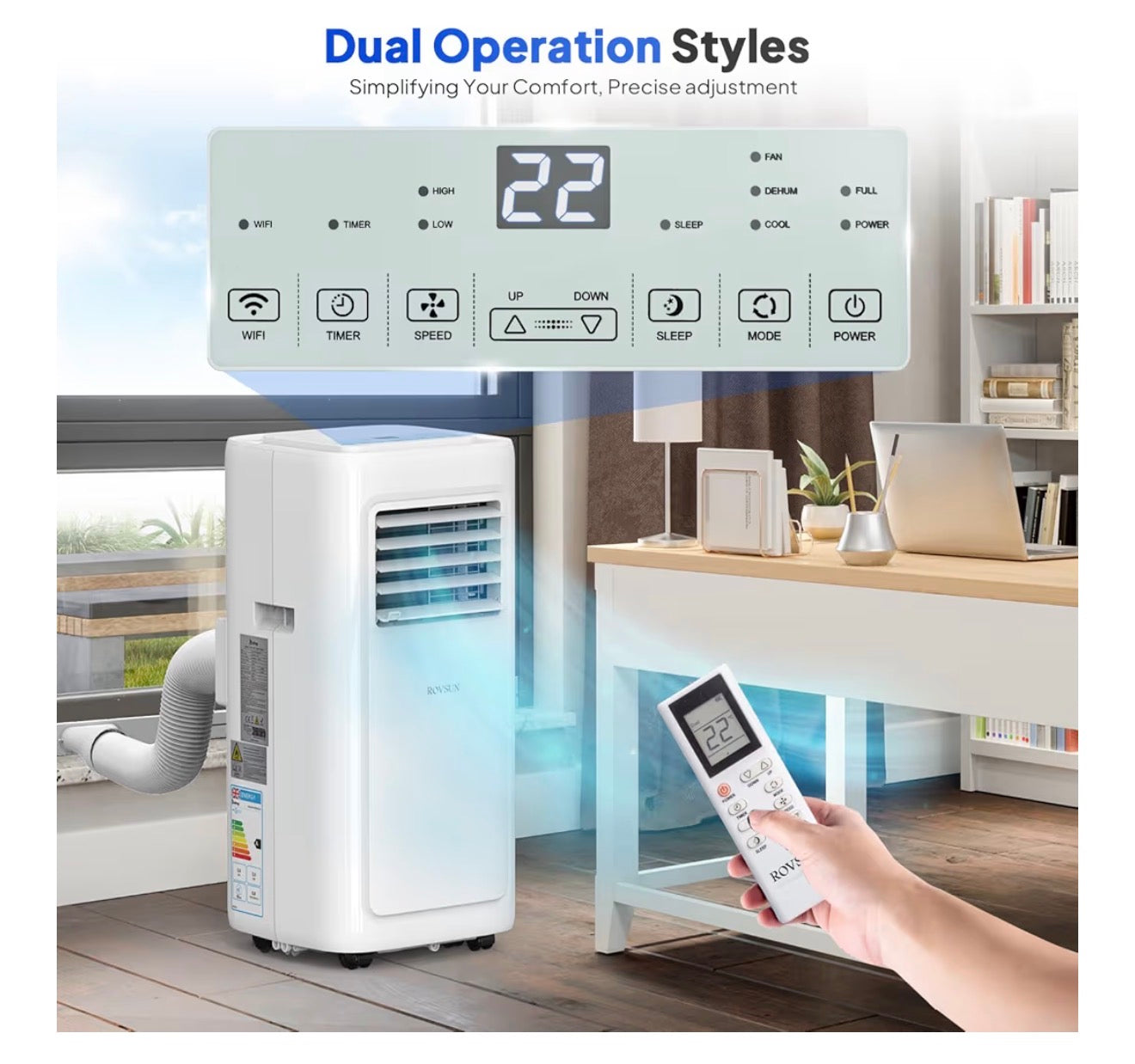 ROVSUN 8000BTU Portable Air Conditioner, 4-in-1 Air Conditioning Unit, Fan, Dehumidifier & Sleep Mode with 2 Speeds. LED Display and Remote Control, with Built-in 24H Timer, Window kit, for home