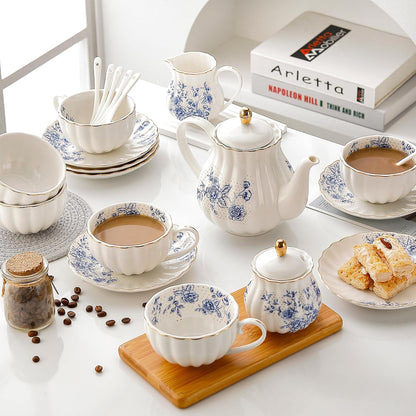 22Pcs Rose Porcelain Tea Set for Coffee,Tea Blue Porcelain Tea Cup Set