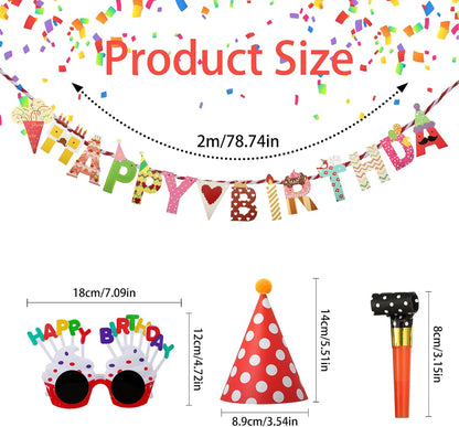 25 PCS Party Hats Pack with Happy Birthday Banners, Crown Hat, Glasses, Blowers for Boys, Girls, Kids, Adults Party Decoration