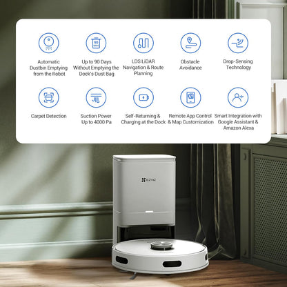 RE5 plus Robot Hoover Mop, 4L Self Emptying Station, 4000 Pa, Carpet Detection, Lidar Obstacle Avoidance, Self-Charging, Clean 300㎡, Wifi APP Control, Pet-Friendly, Robot Vacuum, Voice Assistant