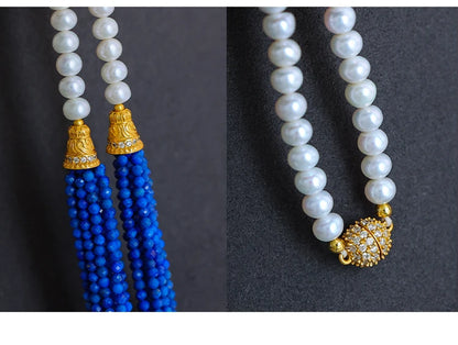 Lapis Lazuli Necklace and Earrings Set in Sterling Silver with Gilt Finish - Retro High Fringed Jewelry Ensemble