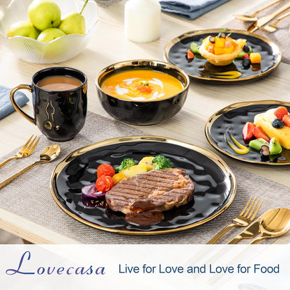 'Apollo', 16 Piece Dinner Set, Stoneware Dish Set for 4, Kitchen Plates and Bowls Sets, Handmade Dinnerware Set with Gold Trim, Dishwasher Safe, Black and Gold