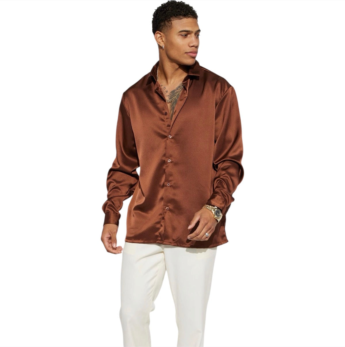 Links Satin Long Sleeve Button Up Shirt Chocolate