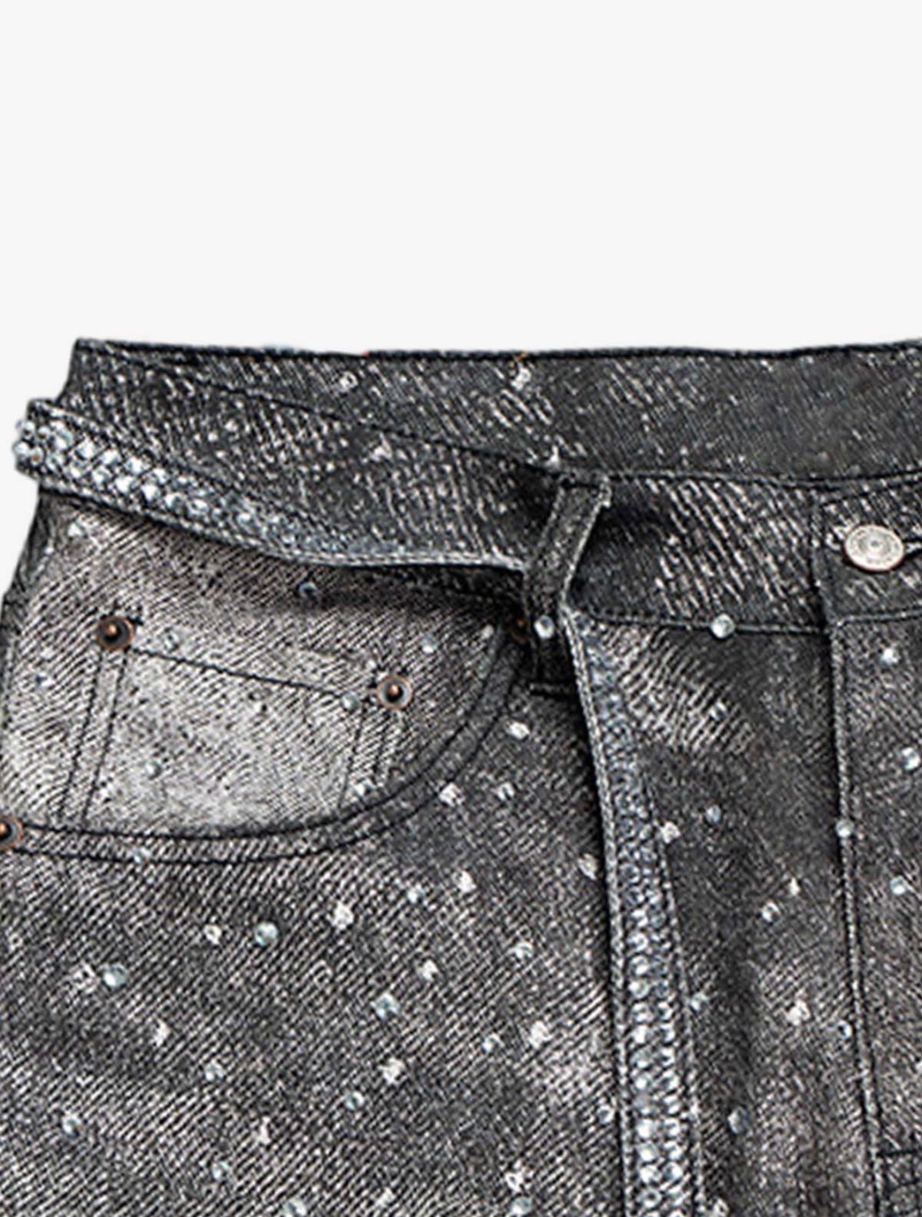 DENIM DISTRESSED BELT DIAMOND DECORATED JEANS