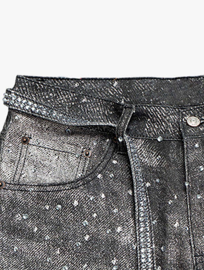 DENIM DISTRESSED BELT DIAMOND DECORATED JEANS