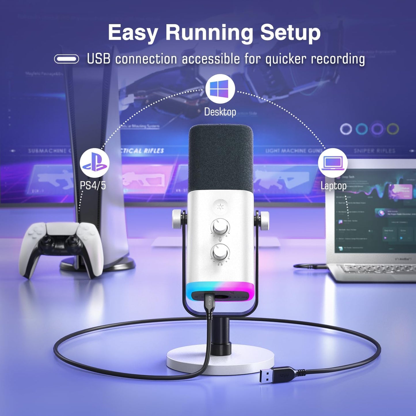 PC Gaming Microphone, XLR/USB Microphone for Podcast Recording, Dynamic Mic with RGB, Mic Mute, Monitoring Headphones Jack for Computer/Ps4/Ps5, for Voice-Over Vocal Video-Ampligame AM8 White