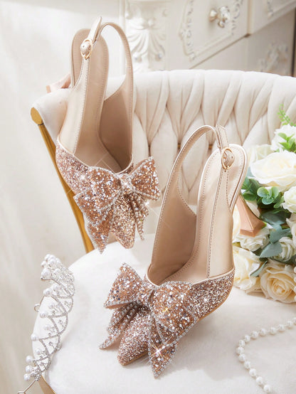 CUCCOO HITCHD Fashionable Elegant Women'S Gold Sequined Bow Pointed Toe Stilettos, Suitable for Wedding, Bridesmaid, Banquet, Date, Party, Christmas, New Year, Valentine'S Day, Comfortable Spring Shoes Spring Break Easter Prom Heels