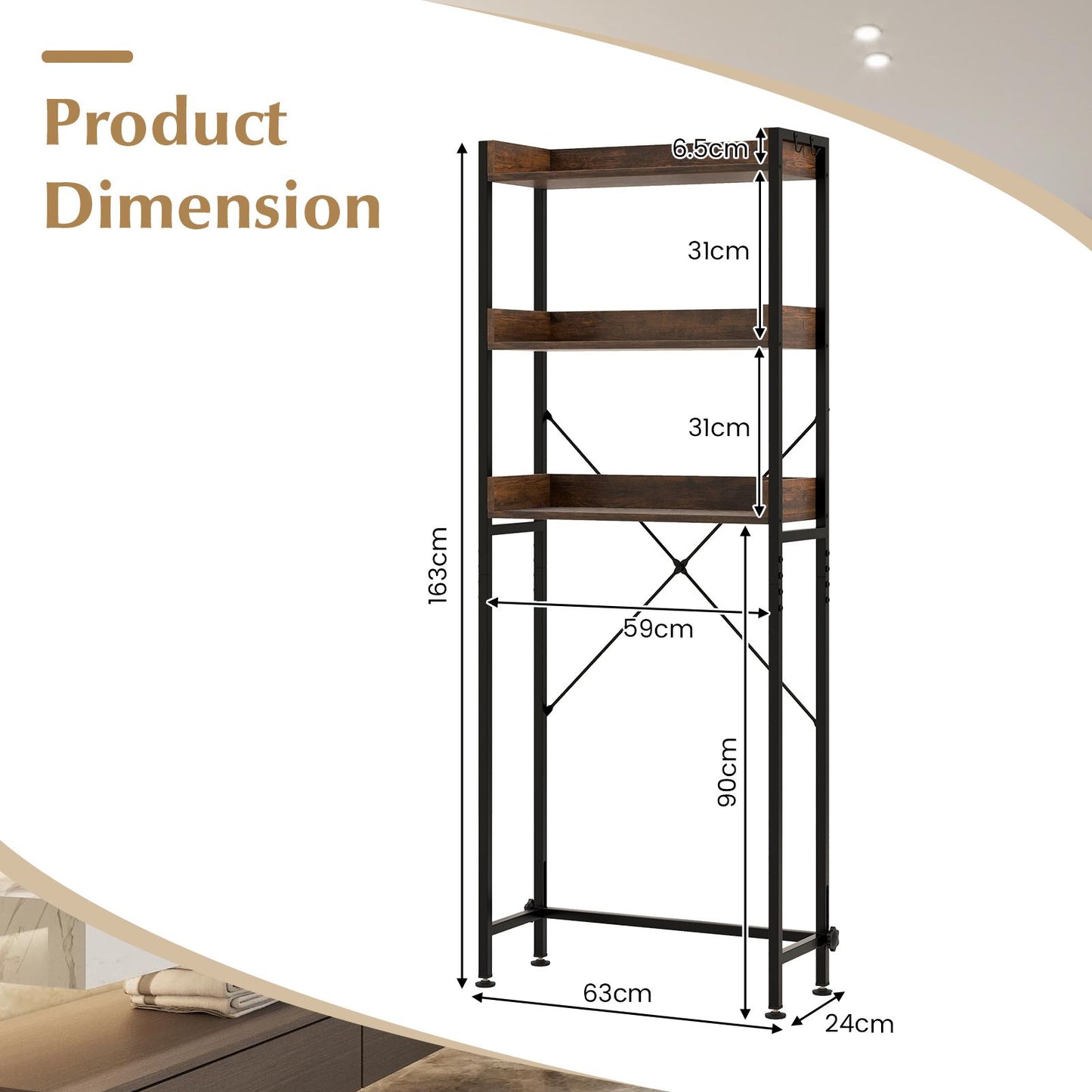 Three-Tier Over-the-Toilet Storage Rack with Four Hooks and Adjustable Base Bar