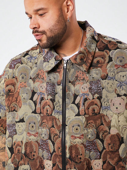 EASEVO 2Pcs/Set plus Size Men Relaxed Bear Print Zip-Up Shirt and Pants Set