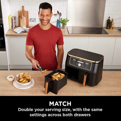 Foodi MAX Dual Zone Air Fryer, Amazon Exclusive, Tongs, 2 Drawers, 9.5L, 6-in-1, Use No Oil, Air Fry, Max Crisp, Roast, Bake, 8 Portions, Nonstick Dishwasher Safe Baskets, Copper/Black AF400UKCP
