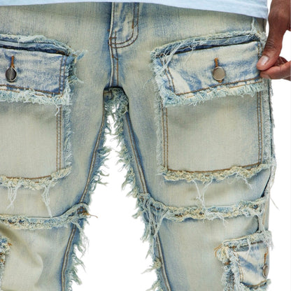 One Way Cargo Frayed Straight Jeans Medium Wash