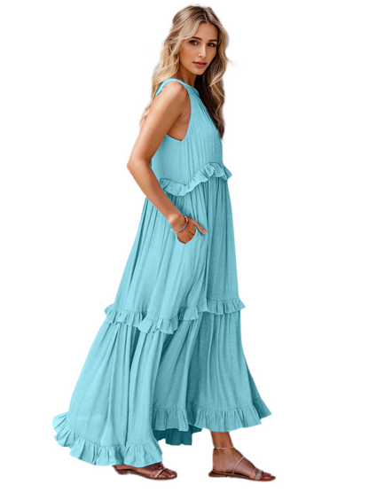 Ruffled Sleeveless Tiered Maxi Dress with Pockets