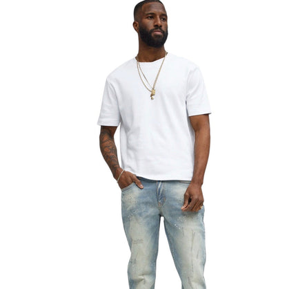 Ripped Bleach Splatter Stacked Slim Flare Jeans Light Blue Wash