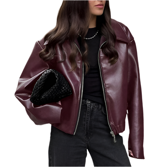 Women’s Solid Color Leather Jacket | Fashionable Lapel Zip-Up Coat