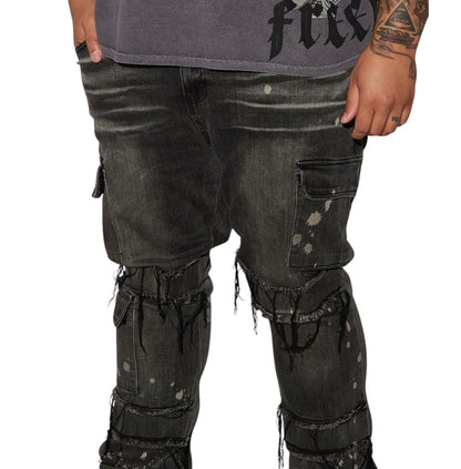 Side Snap Cargo Stacked Skinny Flare Jeans Black Wash