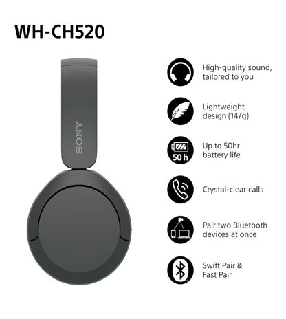 Sony WH-CH520 Wireless Bluetooth On-Ear Headphones 50 Hour Battery Black