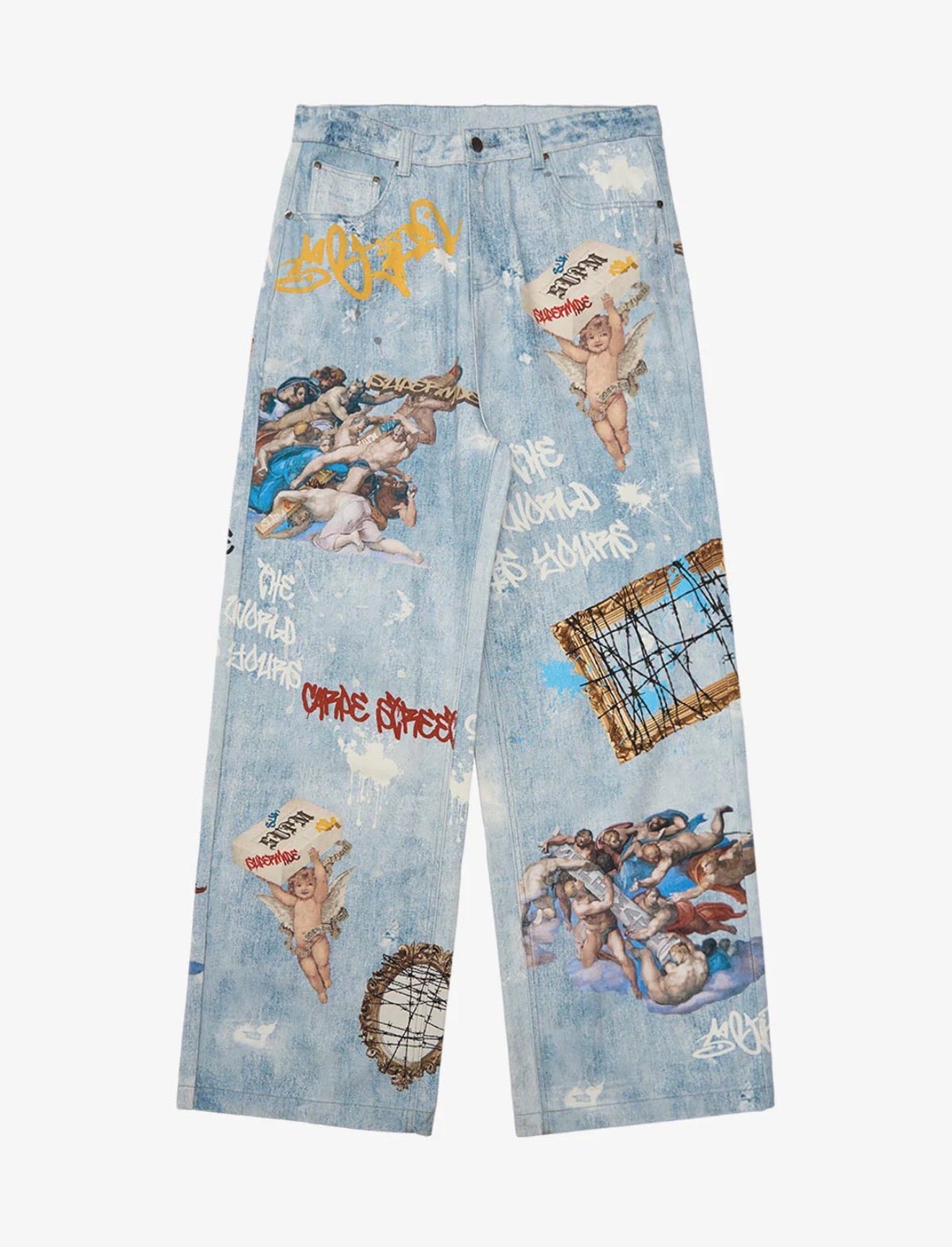 RETRO ARTISTIC GRAFFITI ANGELIC PRINTS BAGGY JEANS