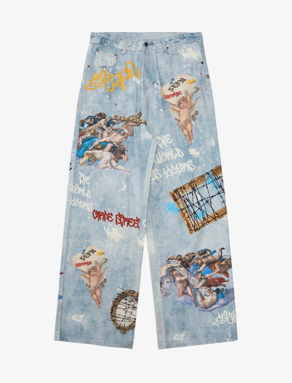 RETRO ARTISTIC GRAFFITI ANGELIC PRINTS BAGGY JEANS