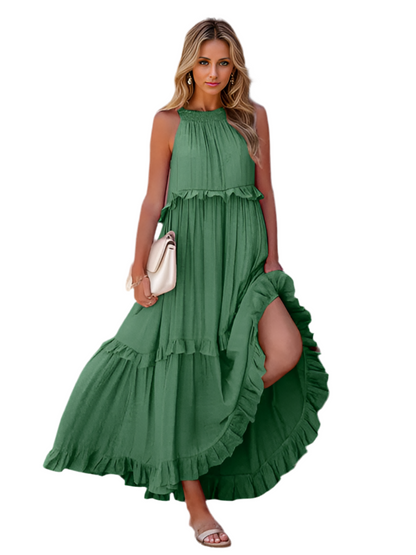 Ruffled Sleeveless Tiered Maxi Dress with Pockets