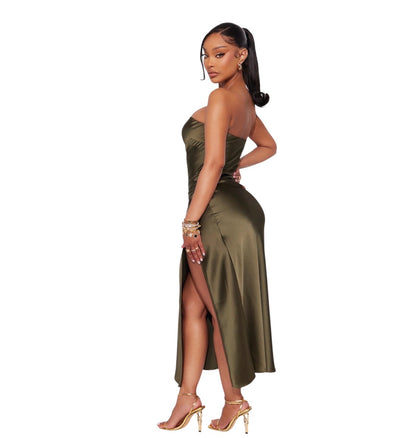 Arlette Tube Satin Maxi Dress Olive