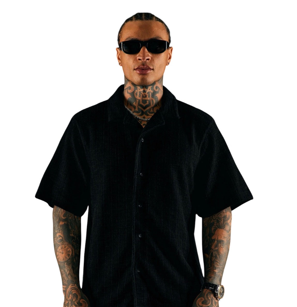 Dean Textured Short Sleeve Button Up Shirt Black
