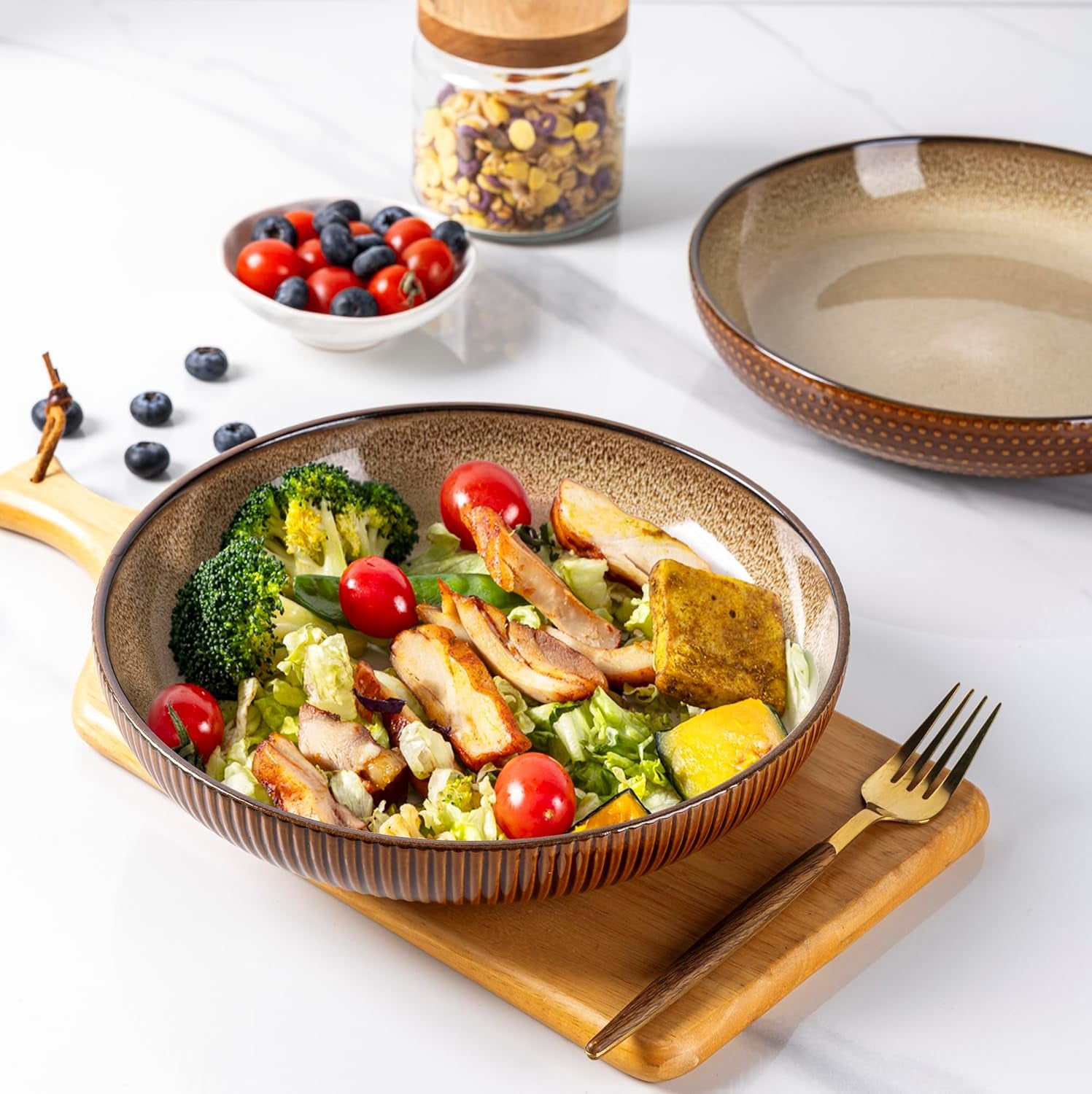 9.5'' Large Pasta Bowls, 42 Ounce Stoneware Salad Bowls for Kitchen, Ceramic Serving Bowls with Textured Pattern for Pasta,Fruit, Stews,Noodle, House-Warming Gift,Set of 4