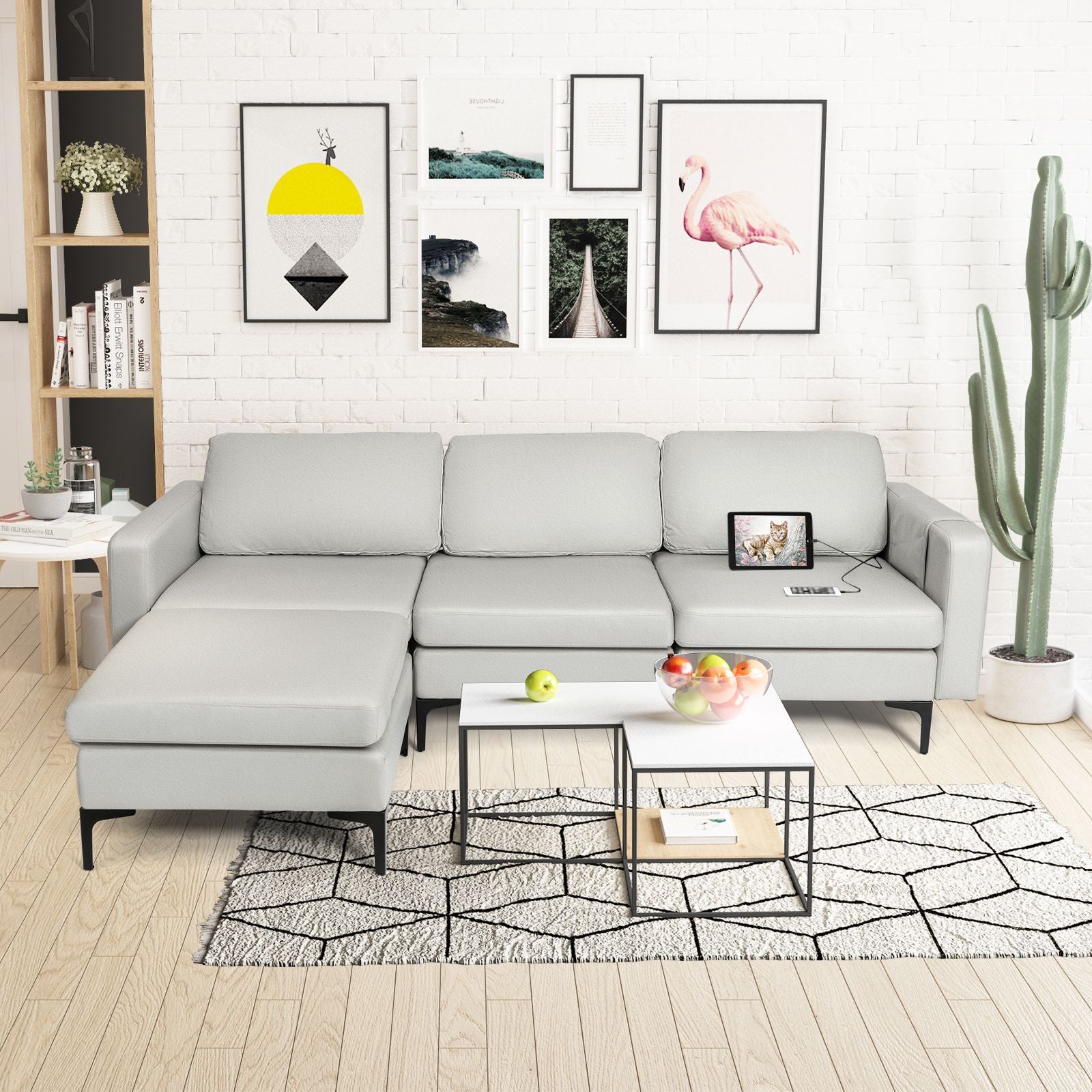 Modular L-Shaped Sofa with Reversible Ottoman and Integrated Power Outlet