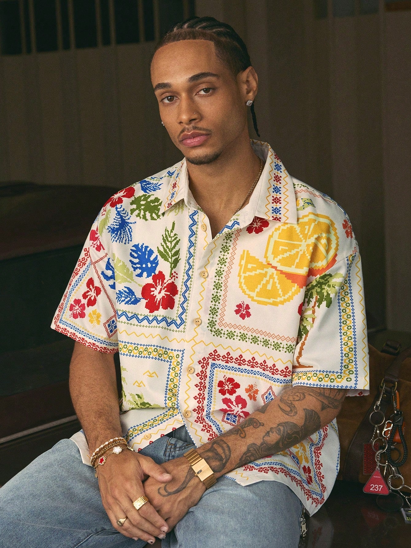 AXEPEAK Fashionable Street Style Floral Print Short Men'S Shirt, Streetwear Style