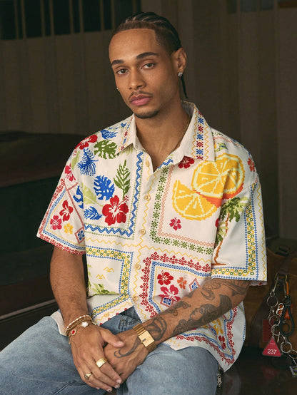 AXEPEAK Fashionable Street Style Floral Print Short Men'S Shirt, Streetwear Style