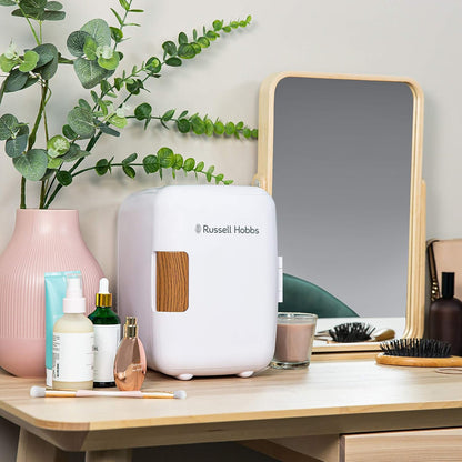 RH4CLR1001SCW 4L/6 Can Mini Portable Cooler & Warmer for Drinks, Cosmetics/Makeup/Skincare, AC/DC Power, Scandi Style, White & Wood Effect, for Bedroom, Home, Caravan, Car