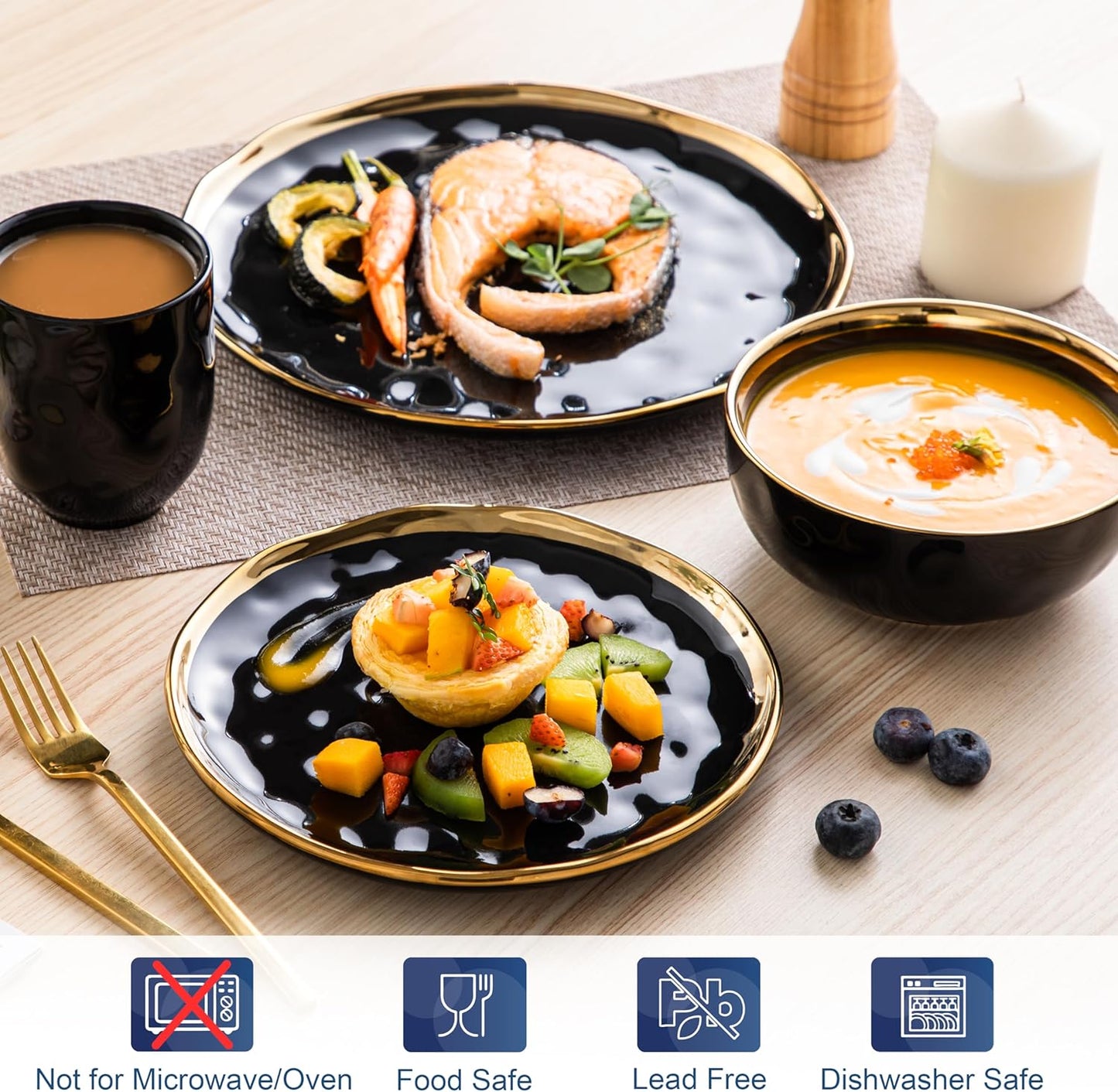 'Apollo', 16 Piece Dinner Set, Stoneware Dish Set for 4, Kitchen Plates and Bowls Sets, Handmade Dinnerware Set with Gold Trim, Dishwasher Safe, Black and Gold