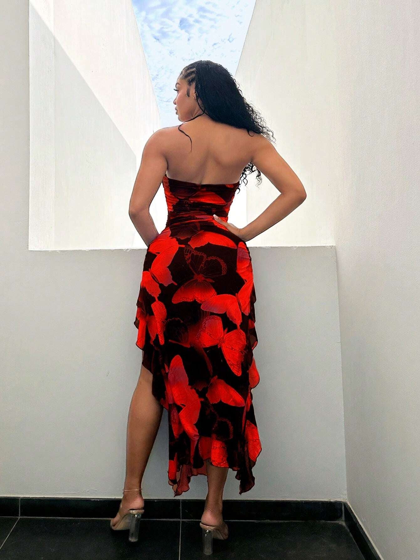 SXY Summer Butterfly Print Flared High-Low Bandeau Bodycon Dress