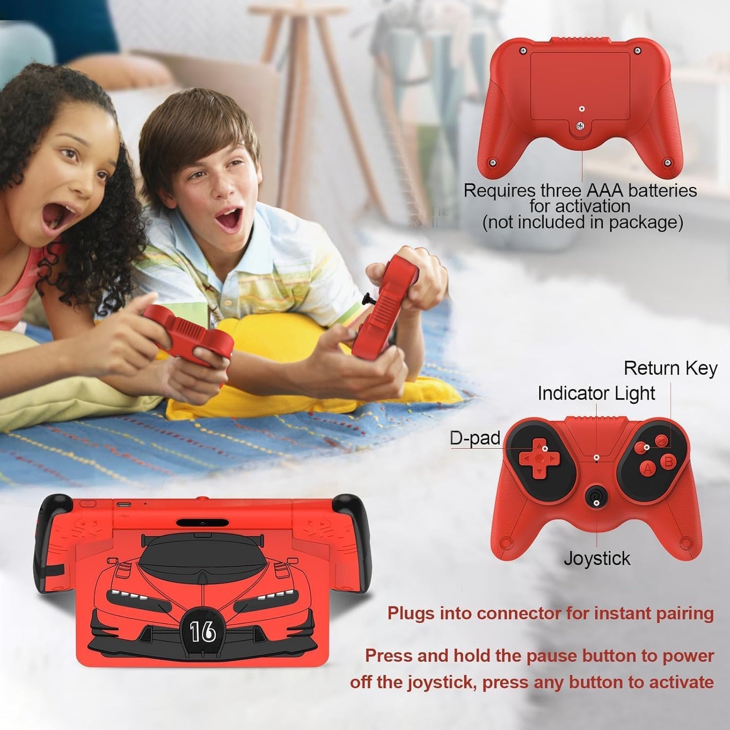 7 Inch Kids Tablets, Wifi Tablets for Kids, 8GB RAM, 32GB Rom,(Expandable 512GB), Toddler Tablet, Parental Control, Android 15, Sports Car Design, Toddler Tablet PC with Two Gamepad(Red).