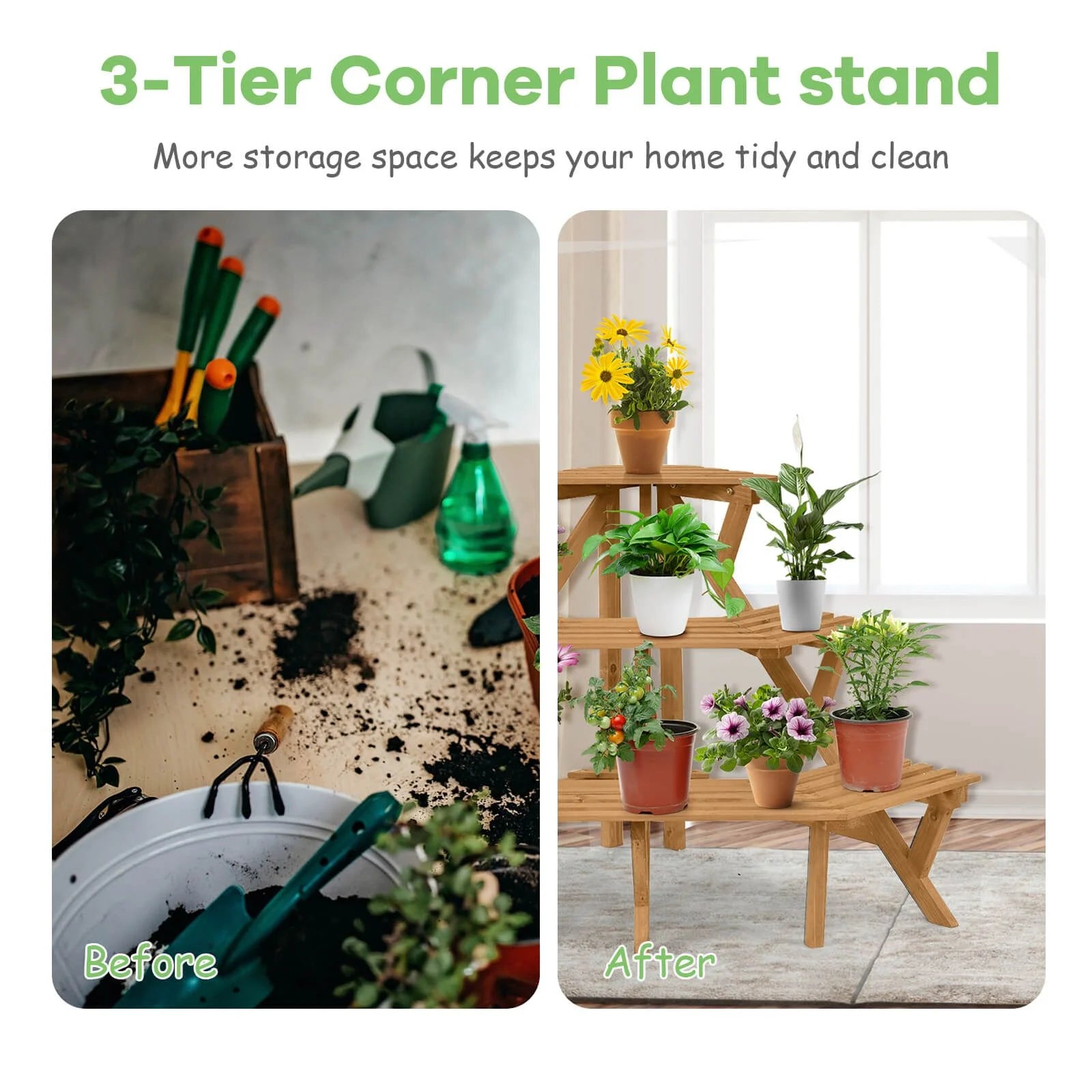 Three-Tier Wooden Plant Stand for Indoor and Outdoor Gardening Applications