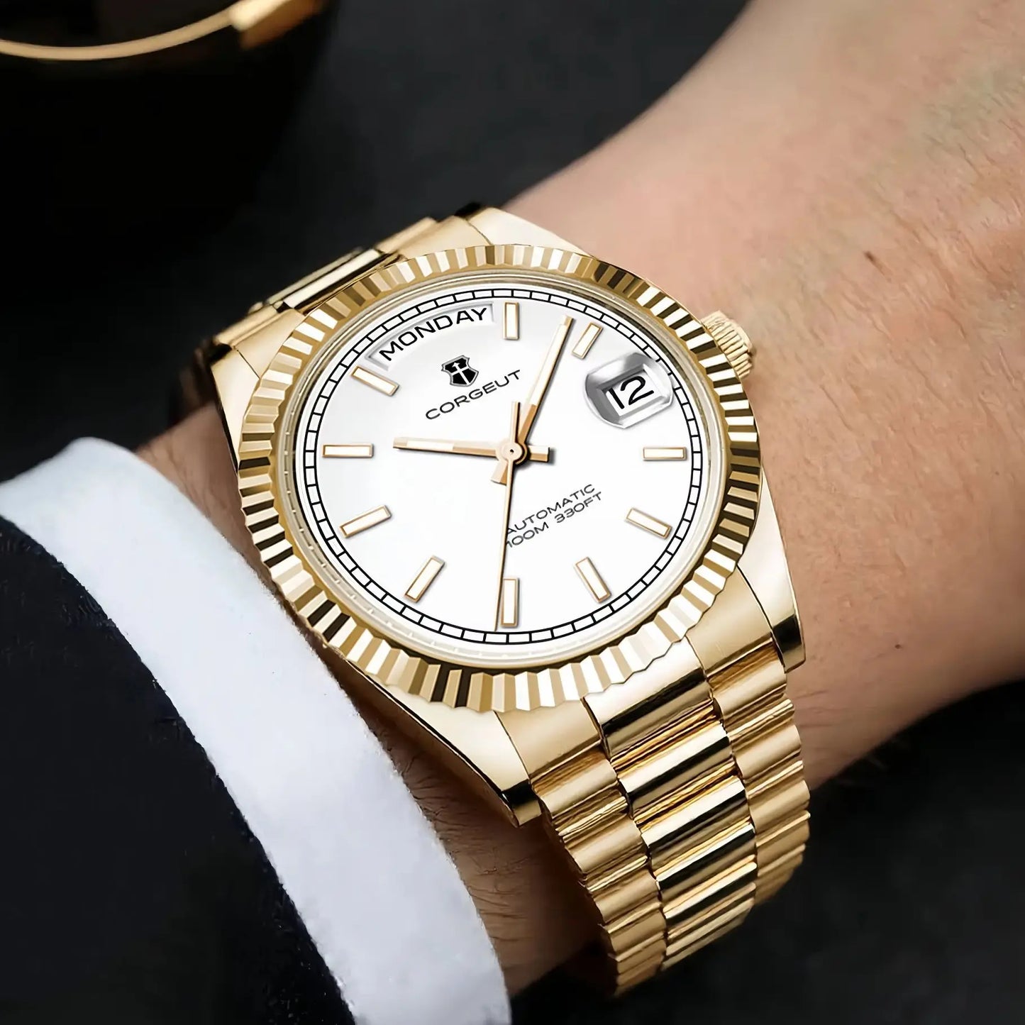NH36 Mechanical Men'S Watch Date of the Week Show President Chain Strap Steel Case Watch Threaded Arc Bezel Waterp
